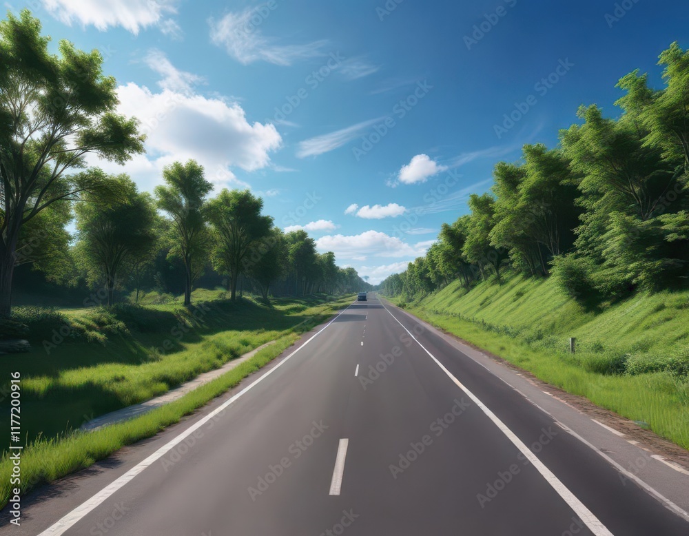 Fototapeta premium Empty highway winds through lush green park, brilliant blue sky overhead , perspective, road
