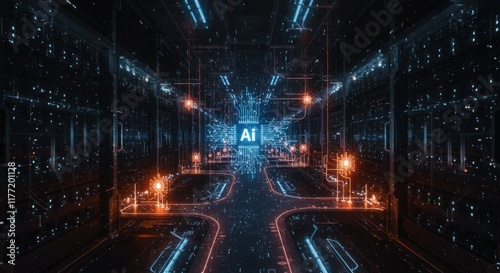 Abstract AI Technology Tunnel with Glowing Circuit Lines and Data Flow