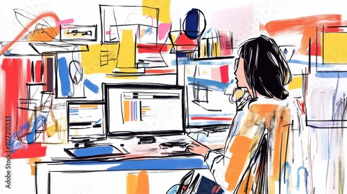 Colorful Abstract Woman Working at Computer