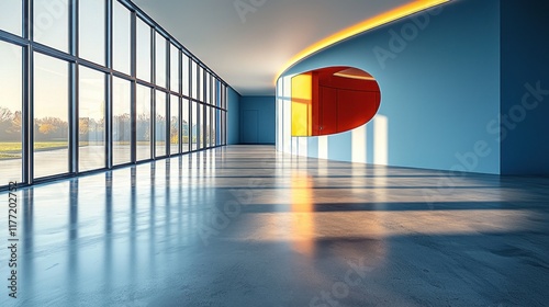 Modern empty hall with lake view through panoramic windows and orange circular wall detail