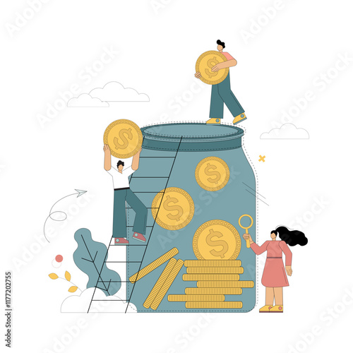 Concept financial aid. Donate. Fundraising. Humanitarian aid. Grant. Little people will put money in the bank.eps