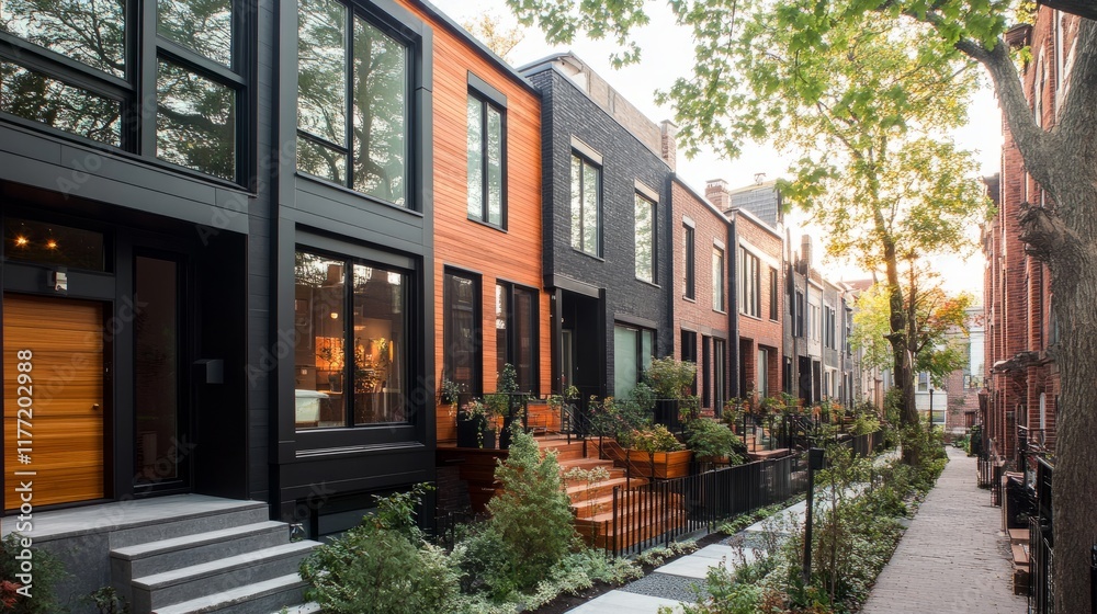Series of contemporary row houses in an urban renewal area, showcasing the neighborhood's transformation and modern living.