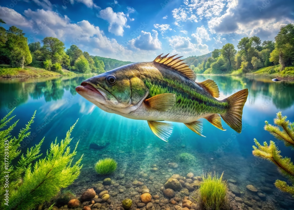 Fototapeta premium Aerial View of Largemouth Bass Swimming in Crystal Clear Water - Generative AI Image