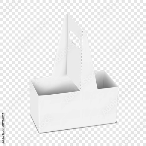 Blank white paper takeout drink carrier with cut out handle. 3d mockup. Paperboard 2 cup holder for coffee, tea, other beverage to go. Realistic vector mock-up. Template for design
