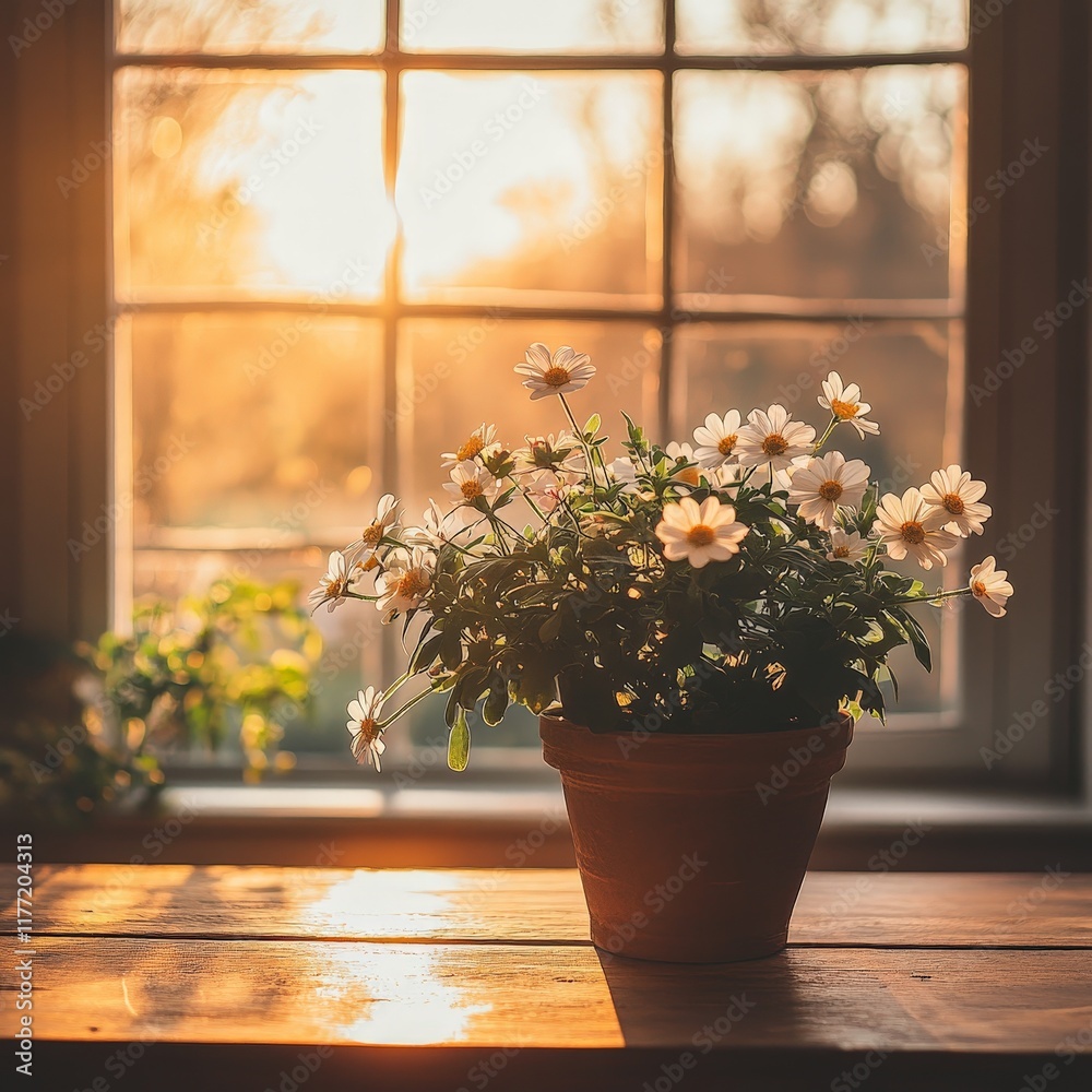Fototapeta premium A rustic wooden table with flowers in a bright, inviting space, symbolizing coziness and natural aesthetics.