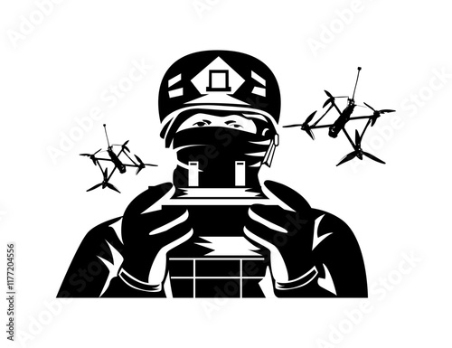Drone operator. A soldier controls a drone using a remote control. Silhouette of a soldier.eps