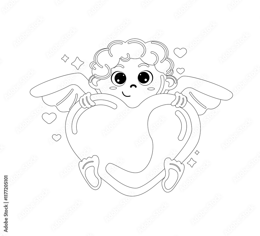 Obraz premium Little cute outline Cupid holds a heart in his hands. Concept love. Sticker love, cupid, passion. I give you my heart
