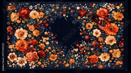 Autumnal Floral Tapestry Dark Background Detailed Design
