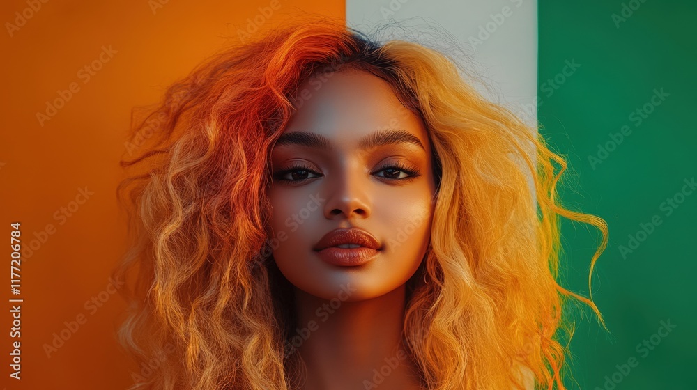 Fototapeta premium Blonde Woman Against India Flag Background for Happy Republic Day and Independence Day Photo. Fictional Character Created By Generative AI 