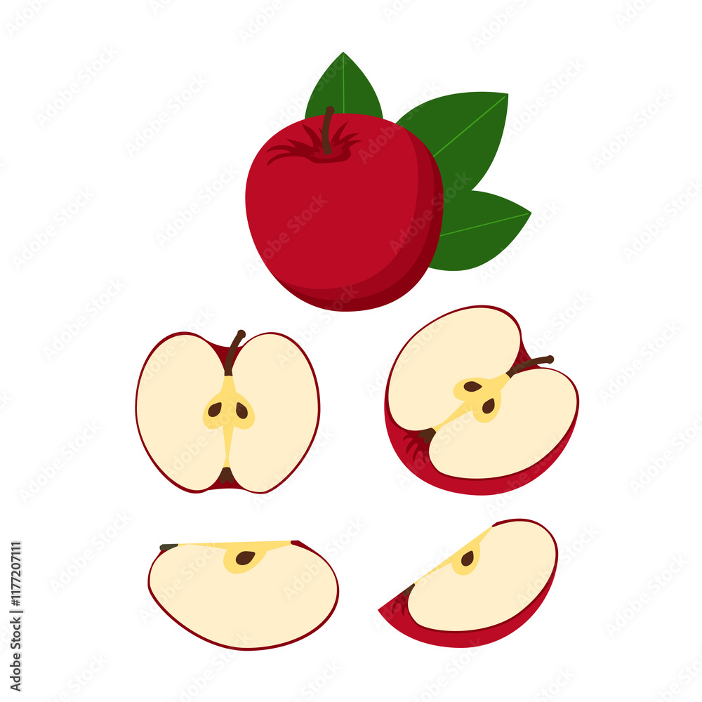 Fototapeta premium Set of apples whole, slices and wedges. Fresh cartoon fruit. Vector illustration