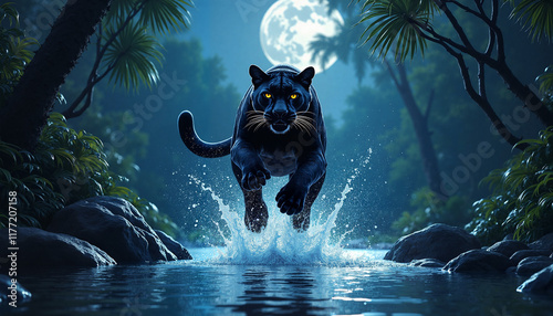 Dynamic panther leaping across river under moonlight, wild energy photo