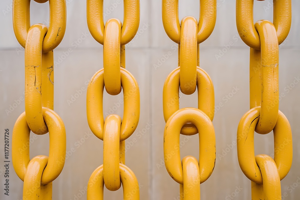 Closeup view of four vertically hanging, bright yellow painted metal chains. Each chain shows strong links, suggesting themes of strength, connection, and unity. Closeup view of four vertically hanging, bright yellow painted metal chains. Each chain shows strong links, suggesting themes of strength, connection, and unity.