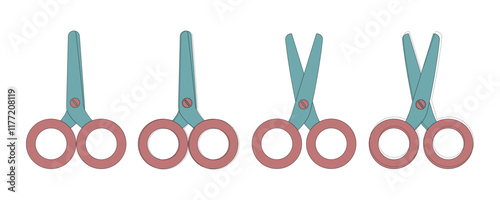 Set of blue and pink scissors. Scissors open and closed. Sewing decor, elements.eps