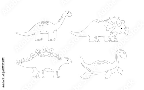 Set of cute cartoon dinosaur outlines diplodocus, plesiosaurus, triceratops, stegosaurus. Prehistoric animals for kids.eps