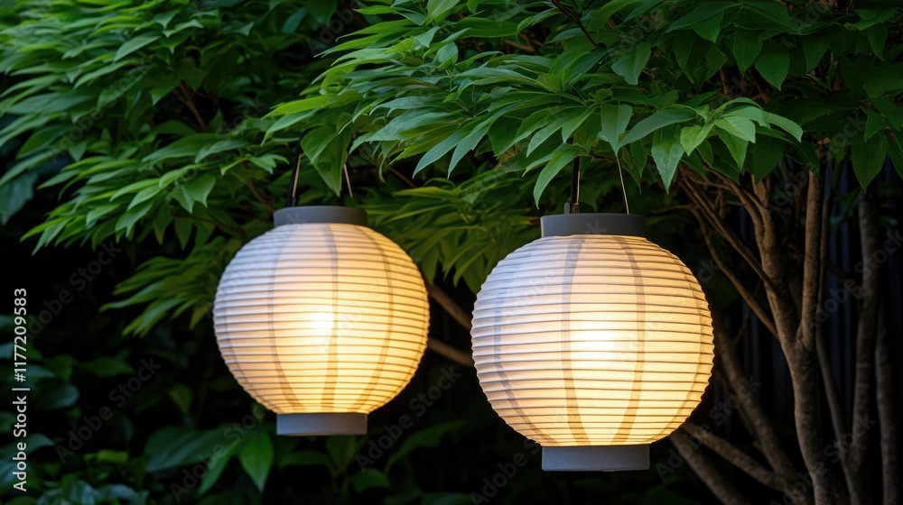 Obraz premium White paper lanterns hanging from trees enhance the romantic ambiance of a wedding reception in the garden under the night sky