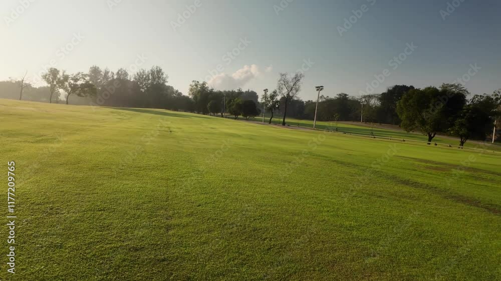 Panoramic view of the golf course with green grass and sun light morning time Panoramic view of the golf course with green grass and sun light morning time