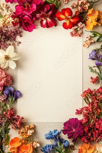 Wallpaper Mural Subtle cream tones with vivid spring floral borders, offering a polished and sophisticated card design. Flat lay, top view. Torontodigital.ca