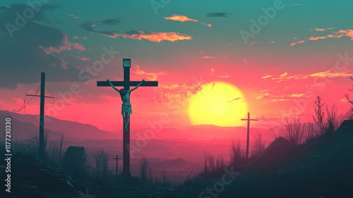 Silhouette jesus christ crucifix on cross on calvary sunset background concept for good friday he is risen in easter day, good friday jesus death on crucifix, world christian and holy spirit religiou