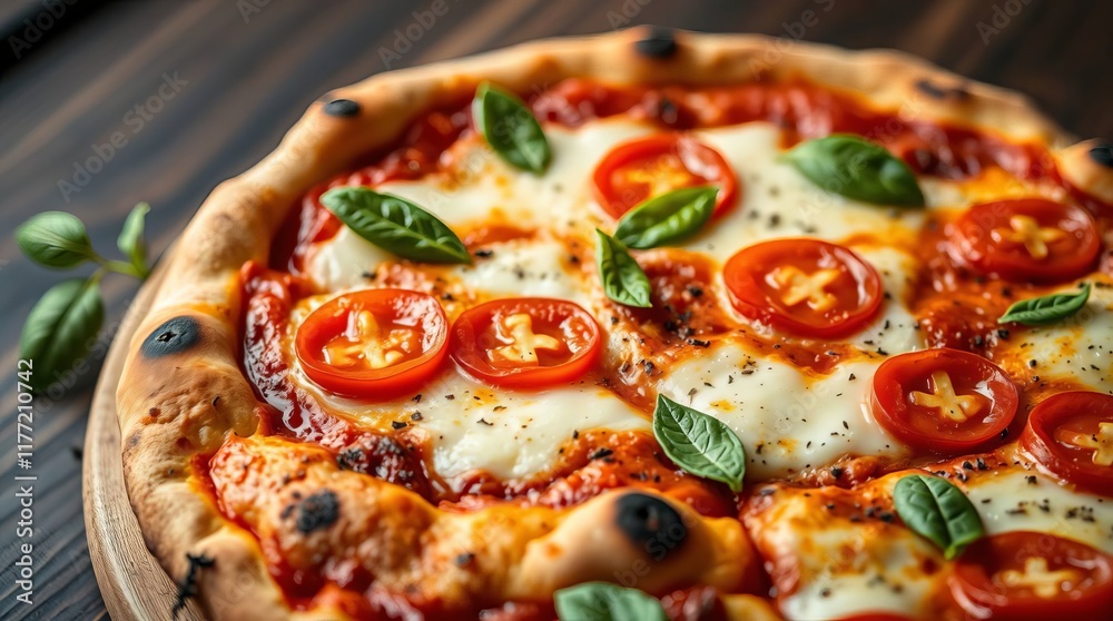 Closeup of delicious pizzas with salami, cheese, tomato, olives, and fresh basil Closeup of delicious pizzas with salami, cheese, tomato, olives, and fresh basil