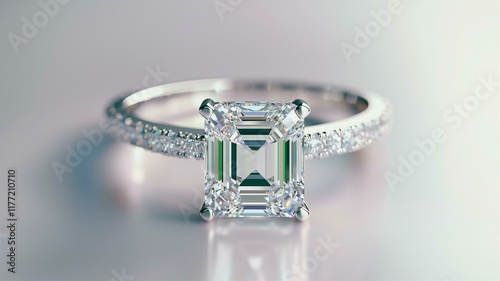 A photorealistic close-up of an elegant diamond ring with a square emerald-cut center stone
