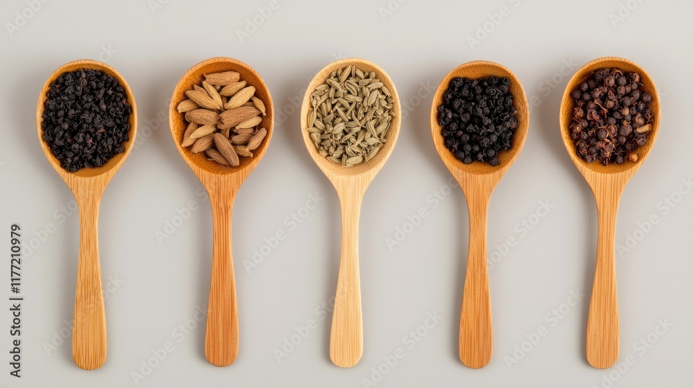Wooden Spoons with Various Spices and Seeds Arrangement Wooden Spoons with Various Spices and Seeds Arrangement