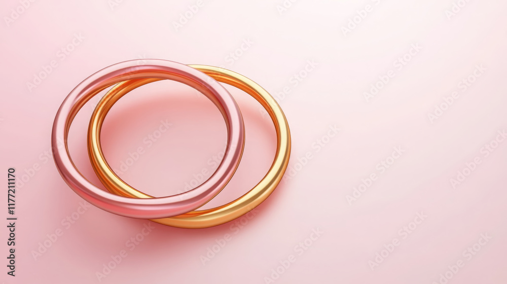 Minimalist illustration of two intertwined rings, one pink and one gold, symbolizing love and commitment. Perfect for Valentine Day or wedding themes Minimalist illustration of two intertwined rings, one pink and one gold, symbolizing love and commitment. Perfect for Valentine Day or wedding themes