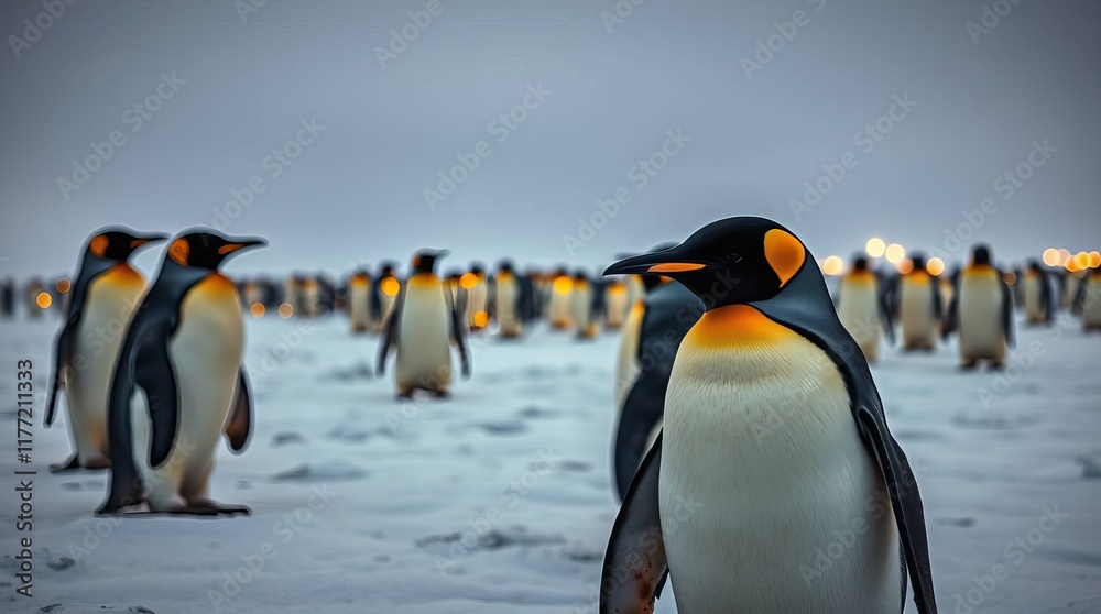 Obraz premium A flock of emperor penguins stands on the ice.