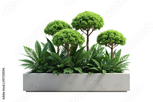 Fresh Green Plant Growing in a Concrete Container, PNG file. Generative AI