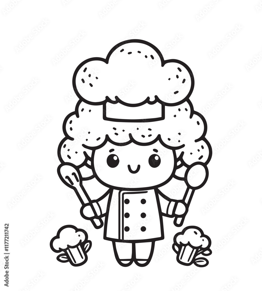 Coloring book cute broccoli chef illustration Coloring book cute broccoli chef illustration