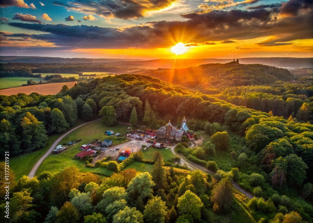 Fototapeta premium Aerial View of Sherwood Forest, Medieval Village, Outlaw Hideout, Archery Practice, Sheriff's Castle
