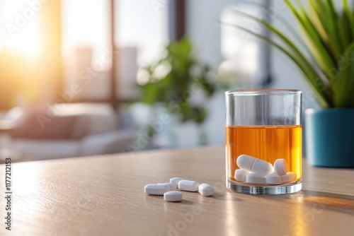 A clear glass filled with orange liquid and white pills is elegantly placed on a wooden surface, illustrated beautifully with warm, glowing sunlight streaming in. photo