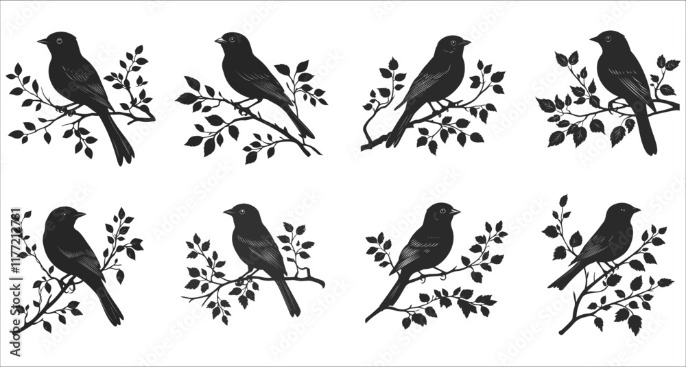 Fototapeta premium Abstract bird on a branch silhouettes, Wildlife bird silhouette vector, Set of bird on a branch silhouettes, Vector of birds sitting on branch silhouettes, Black and white bird silhouette on a branch