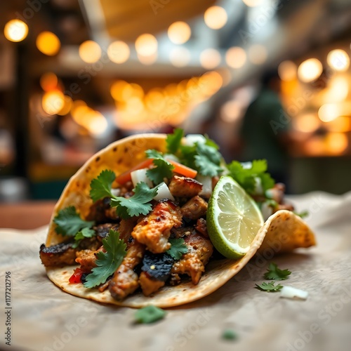 Close-Up of a Street Taco with Grilled Meat, Cilantro, and Lime photo