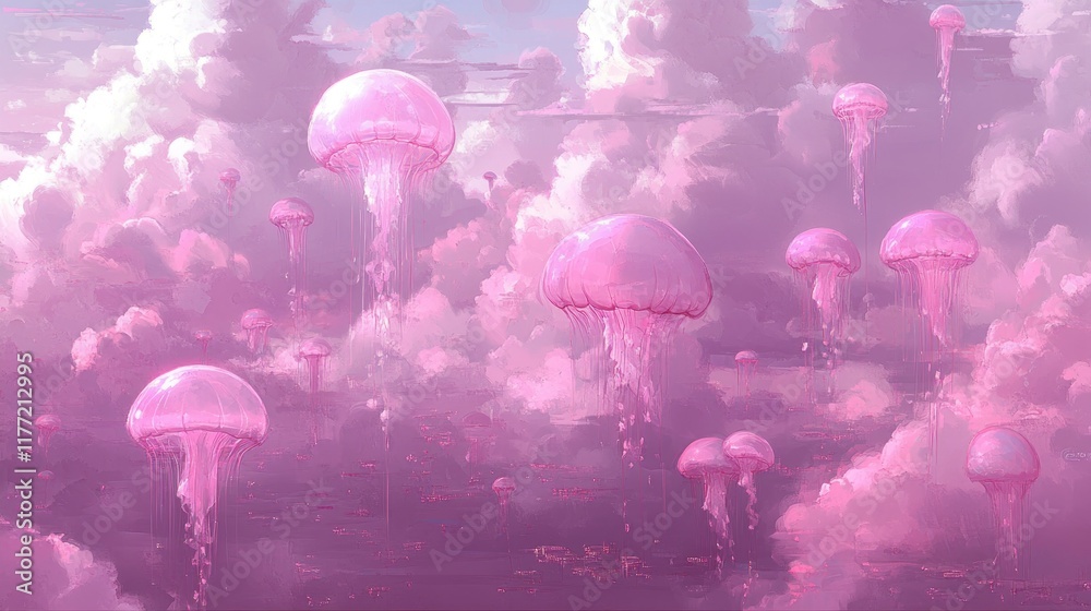 Enormous pink jellyfish gracefully drift across a dreamy, pastel sky, their long tendrils trailing like ribbons of light. A surreal, captivating dreamscape. Enormous pink jellyfish gracefully drift across a dreamy, pastel sky, their long tendrils trailing like ribbons of light. A surreal, captivating dreamscape.