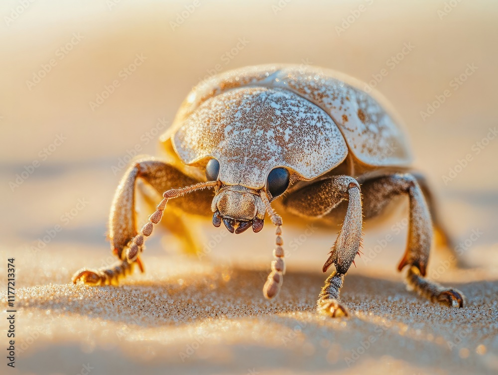 A macro shot of a desert beetle, its sand-colored exoskeleton blending perfectly with the golden dunes as it collects morning dew in the arid desert landscape A macro shot of a desert beetle, its sand-colored exoskeleton blending perfectly with the golden dunes as it collects morning dew in the arid desert landscape