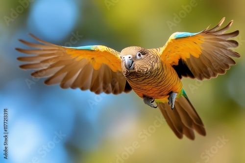 The breathtaking image of a parrot in mid-flight perfectly epitomizes the grace and beauty of nature, showcasing vibrant colors and intricate patterns in its feathers. photo