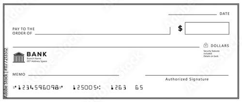 Bank check, vector blank money cheque, checkbook template with guilloche pattern and fields. Currency payment coupon, money check background
