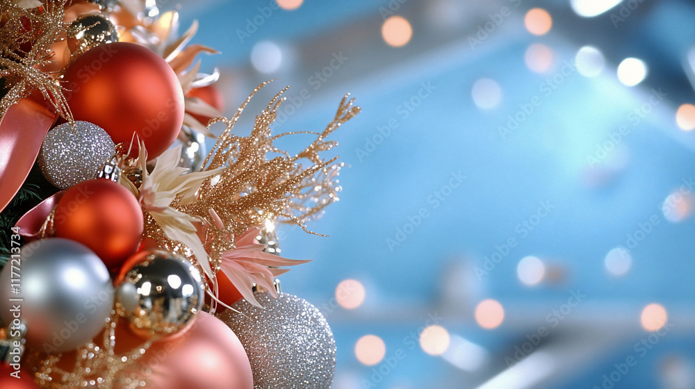 Close-up of red and silver ornaments on a Christmas tree against a blurred blue background. Close-up of red and silver ornaments on a Christmas tree against a blurred blue background.