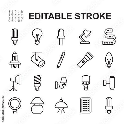 Collection of lamp related icons. Thin line vector.