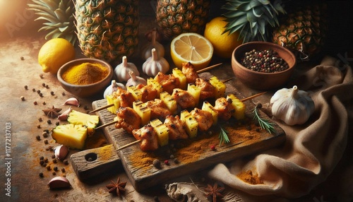 Delicious grilled chicken skewers with pineapple, nestled among fresh fruit and spices, creating a flavorful ambiance. A perfect representation of vibrant culinary creations and hearty dining experien photo