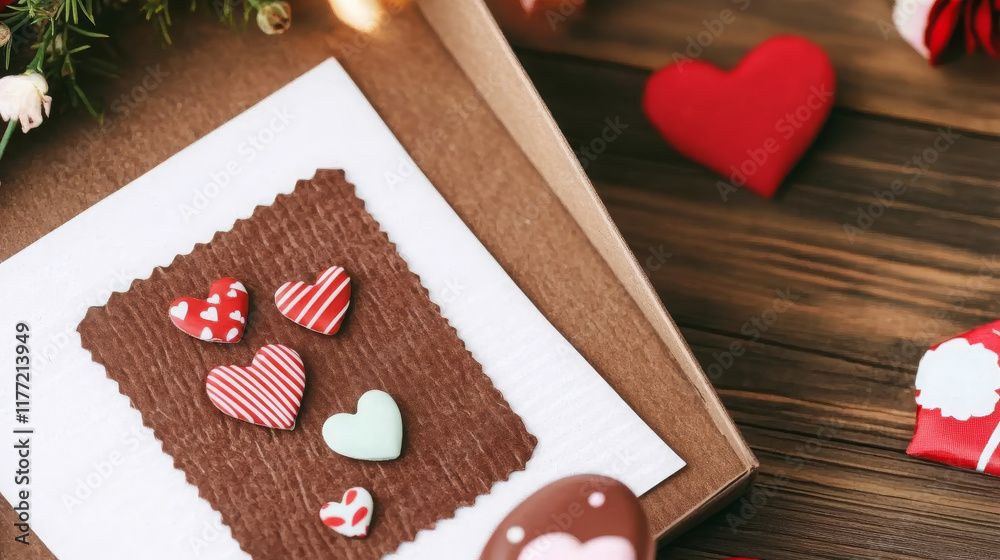 Delightful Valentine Day chocolate box featuring colorful heart shaped candies on textured surface, perfect for expressing love and affection Delightful Valentine Day chocolate box featuring colorful heart shaped candies on textured surface, perfect for expressing love and affection
