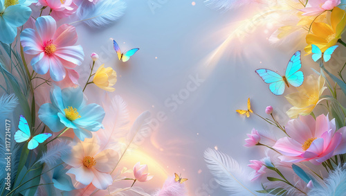 Colorful butterflies flying around pastel flowers and feathers with golden light rays