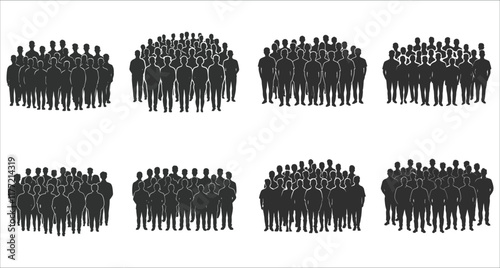 Crowd of people silhouettes vector collection, Black and white large crowd of people silhouettes, Abstract crowd people silhouettes icon, Group of people silhouettes forming a large crowd