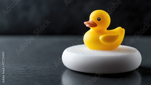 Yellow rubber duck on white foam base, black background