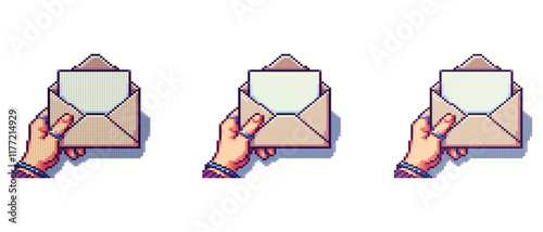 Pixel art of a hand holding an open envelope with a piece of paper inside, adorned with rings and bracelets, against a light background.