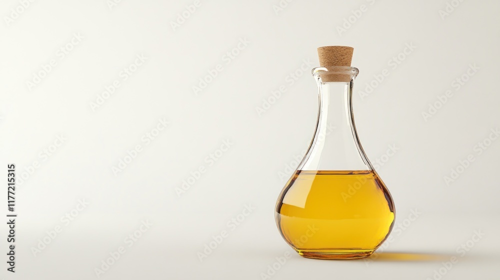 A glass bottle filled with golden oil, featuring a cork stopper, on a neutral background.