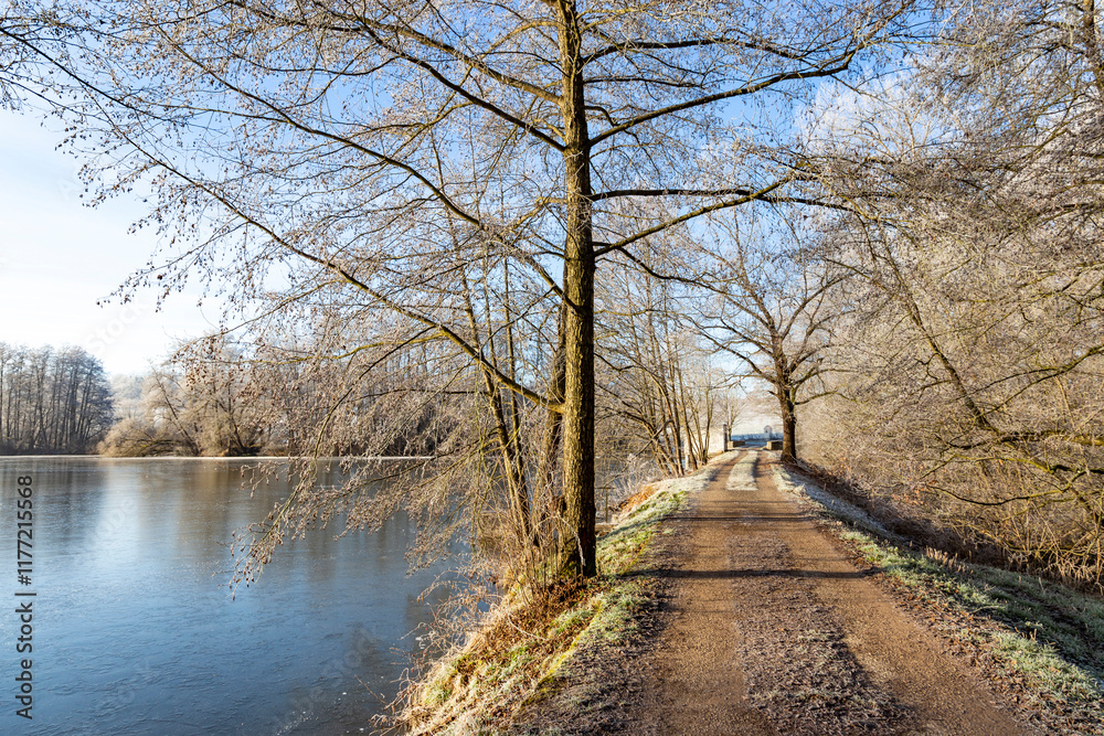 A countryside dirt road running alongside a frozen pond, surrounded by frost-covered trees under a clear blue winter sky.