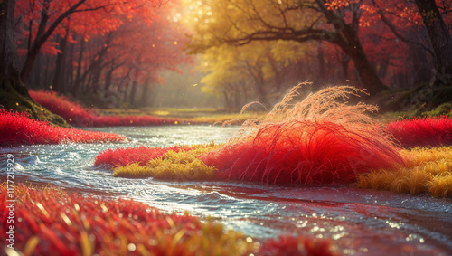 Red kochia scoparia bushes growing by river in autumn forest at sunset photo