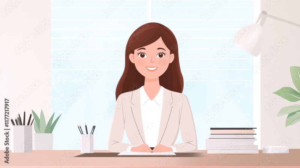 Professional female character sitting at a desk in a bright workspace, exuding confidence and warmth, perfect for business and office-related themes in a modern design style. Professional female character sitting at a desk in a bright workspace, exuding confidence and warmth, perfect for business and office-related themes in a modern design style.
