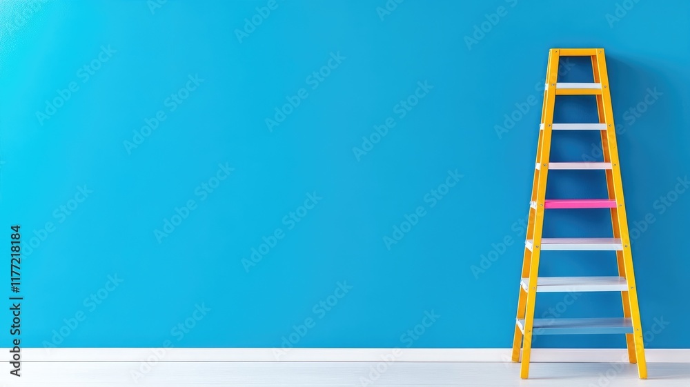 Yellow ladder against blue wall in brightly lit room